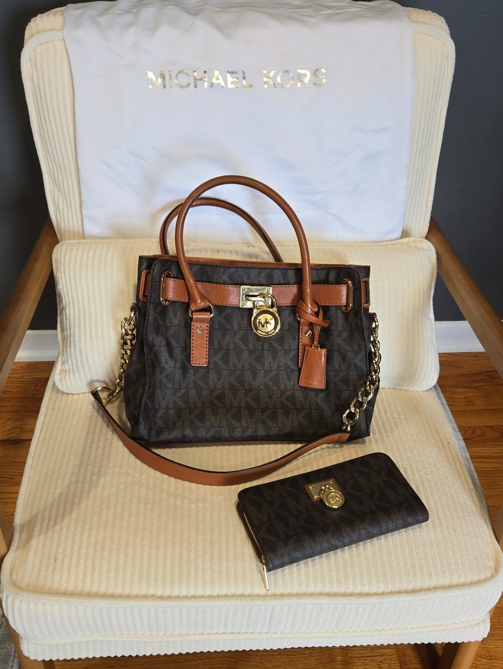 Michael Kors Brown and Tan MK Monogram Satchel with Gold Hardware